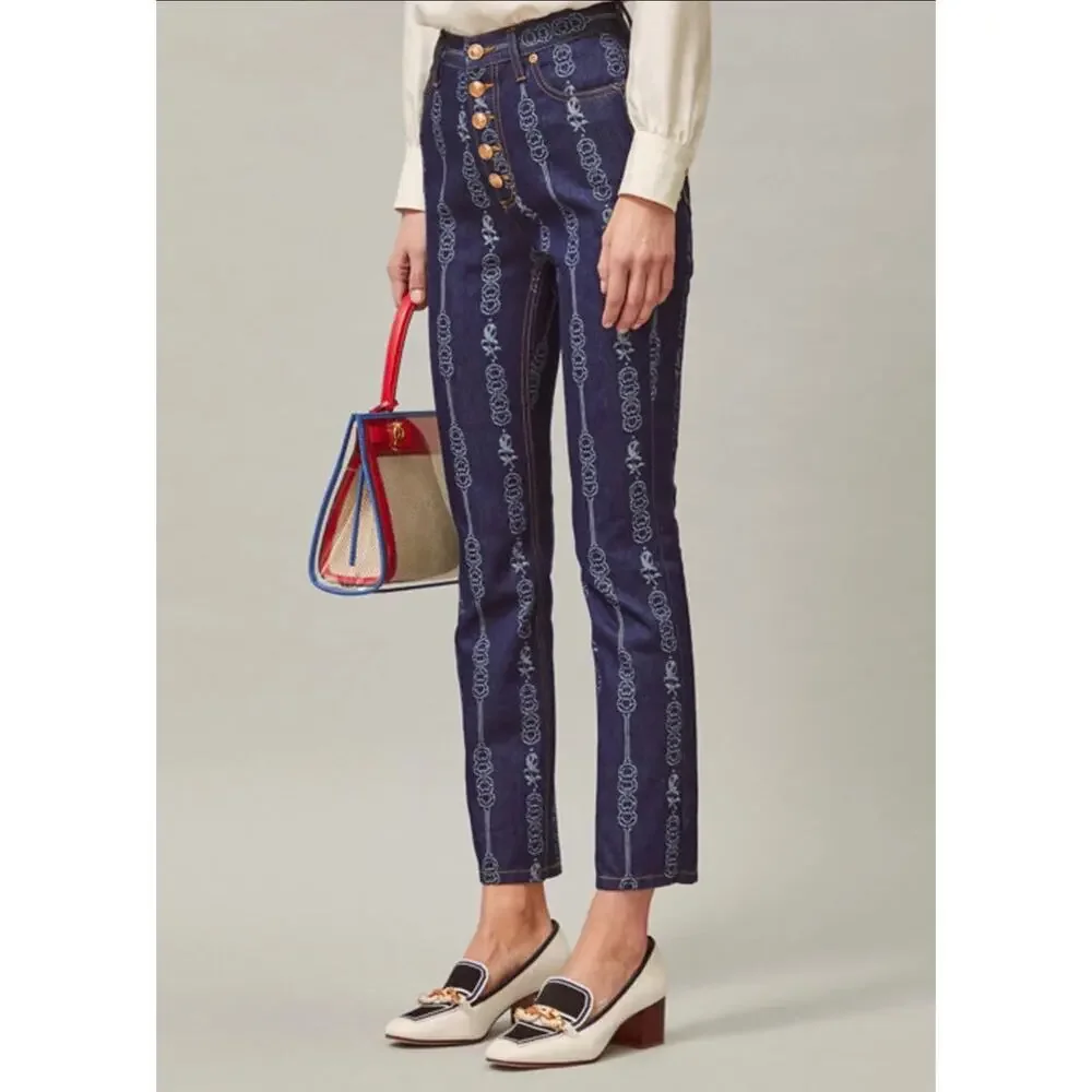 Tory Burch Gemini Link Bloom Jacquard Denim Pants Size 24